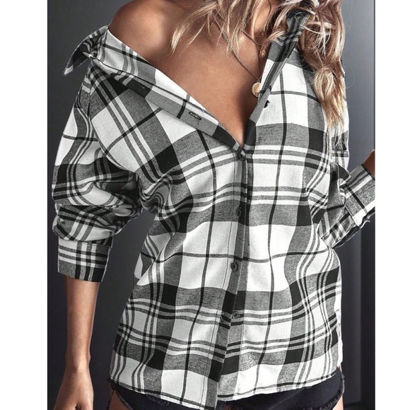 Plus classic Peach Mix Plaid Print Button Down Boyfriend Long Sleeve Shirt - Picture 4 of 6